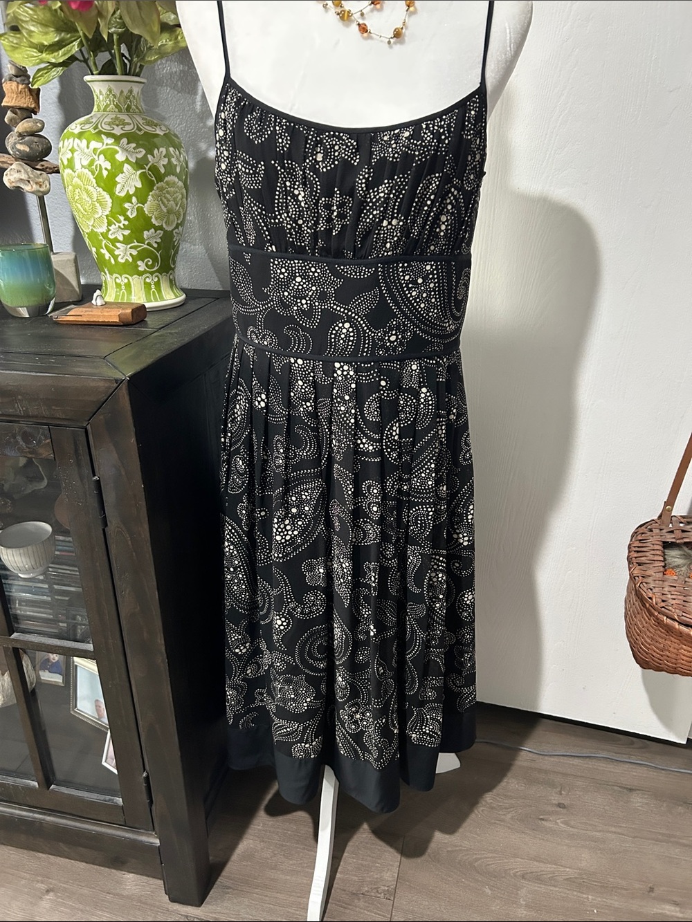 Ann Taylor Silk Black Midi Dress with White Paisley Dots